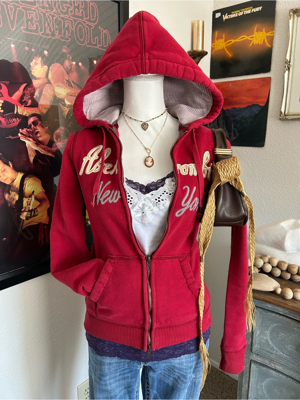 Y2K Abercrombie & Fitch Hoodie Womens S Red Embroidered Logo Sweatshirt Full Zip
